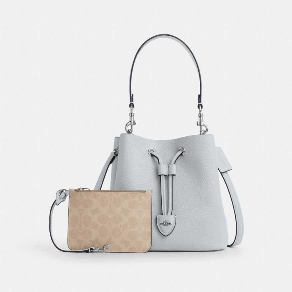 COACH®,Rowan Bucket Bag,Leather,Bucket,Logo,Metal,Casual,Gray,Angle View