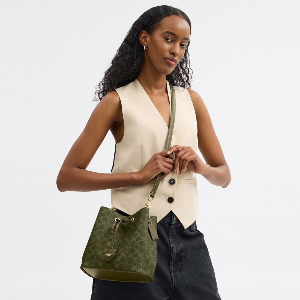 COACH®,Rowan Bucket Bag In Signature Canvas,Canvas,Leather,Bucket,Metal,Casual,Olive