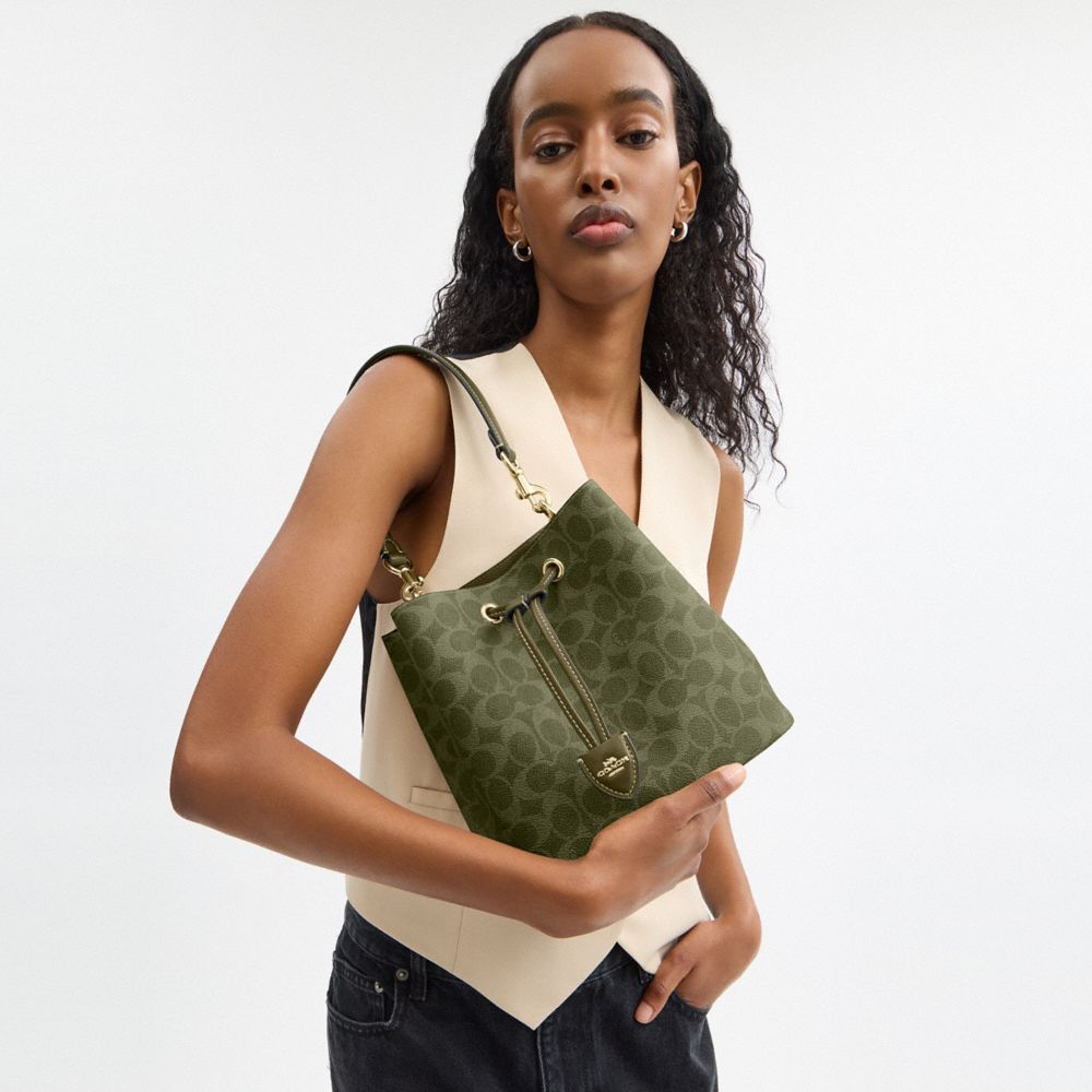 COACH®,Rowan Bucket Bag In Signature Canvas,Canvas,Leather,Bucket,Metal,Casual,Olive,Detail View