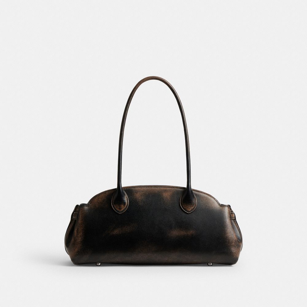 COACH®,Empire Carryall Bag 34 In Loved Leather,Leather,Shoulder Bag,Metal,Logo,Gusset,Expandable,Key Ring,Silver Metal,Casual,Brown,Back View