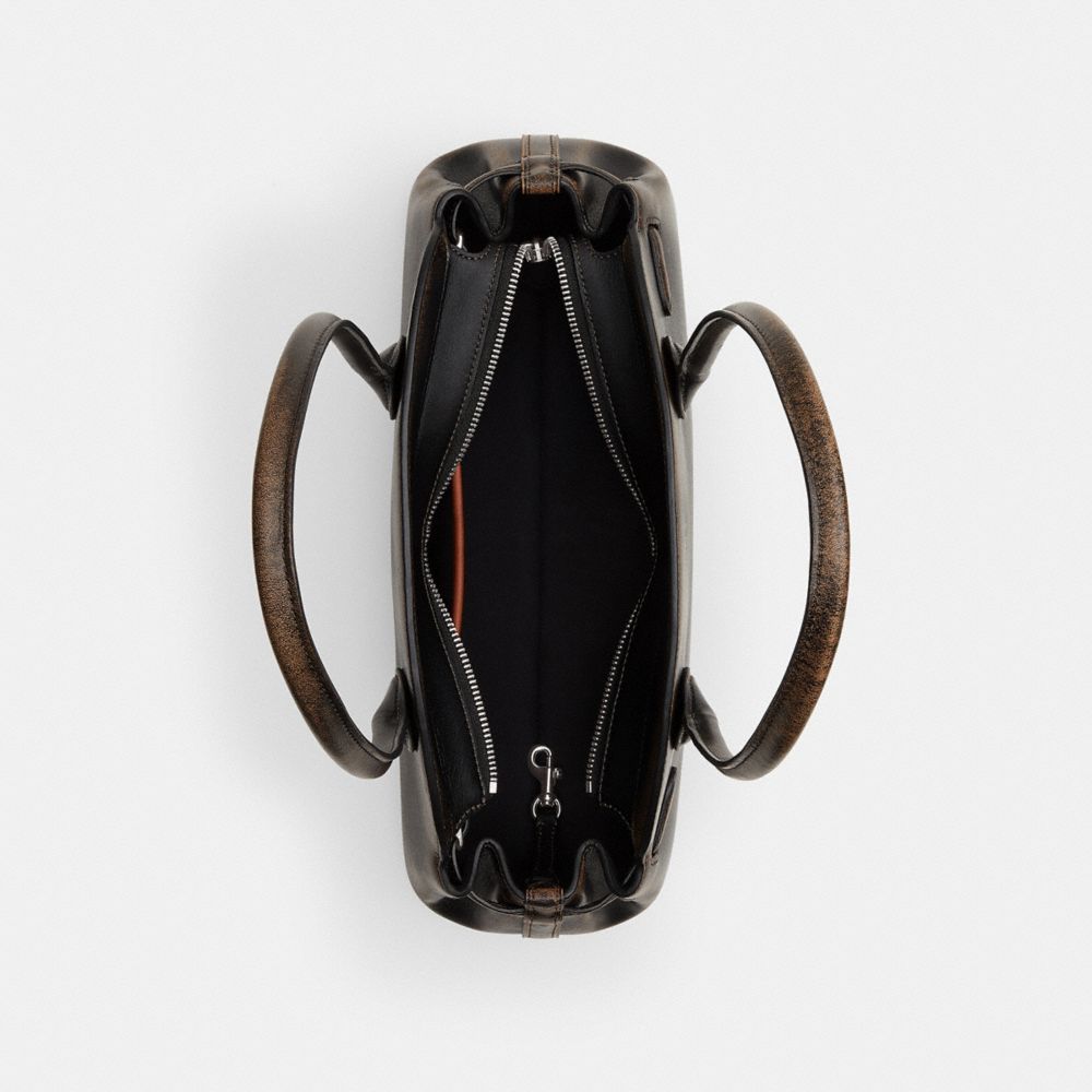 COACH®,Empire Carryall Bag 34 In Loved Leather,Leather,Shoulder Bag,Metal,Logo,Gusset,Expandable,Key Ring,Silver Metal,Casual,Brown,Inside View,Top View