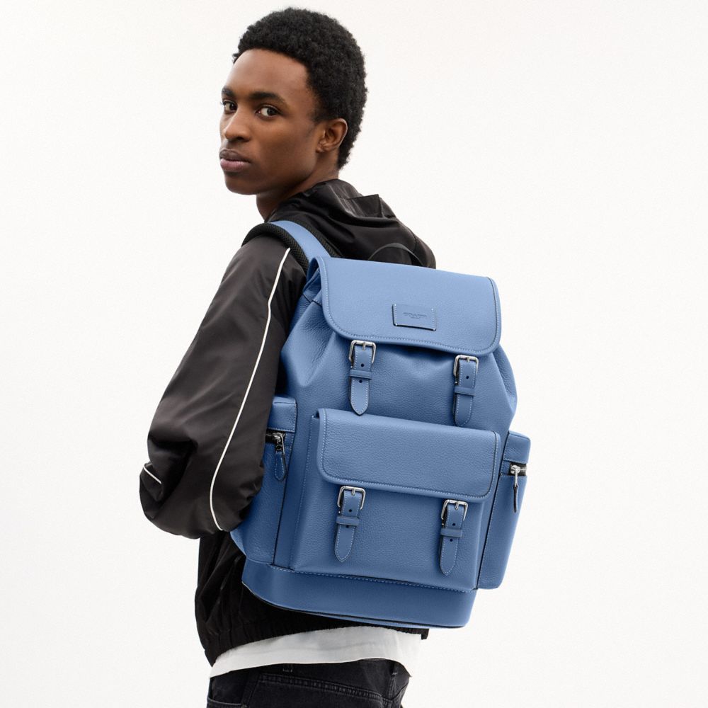 COACH®,Sprint Backpack,Calfskin Leather,Backpack,Logo,Applique,Casual,Blue,Detail View