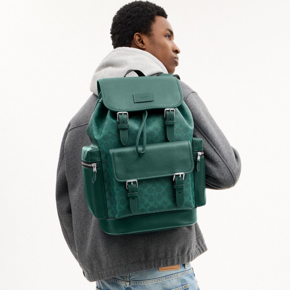 COACH®,Sprint Backpack In Colorblock Signature Canvas,Canvas,Calfskin Leather,Leather,Backpack,Applique,Color Block,Lined,...,Emerald,Detail View