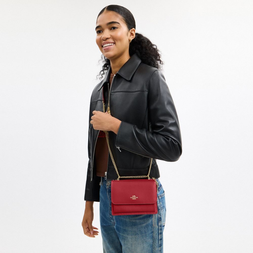 COACH®,Mini Klare Crossbody Bag,Calfskin Leather,Leather,Fabric,Crossbody,Embellished,Compact,Lined,Gold Metal,Day Party,Maroon