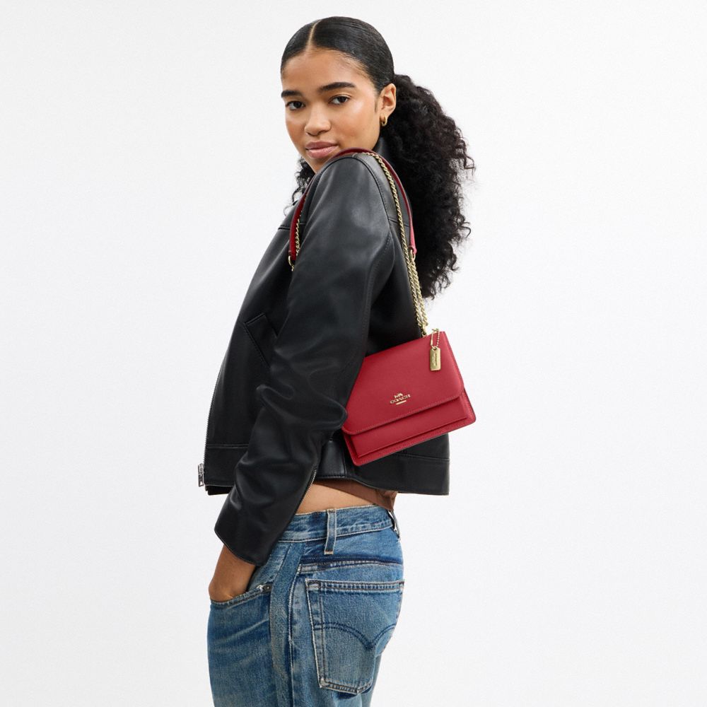 COACH®,Mini Klare Crossbody Bag,Calfskin Leather,Leather,Fabric,Crossbody,Embellished,Compact,Lined,Gold Metal,Day Party,Maroon,Detail View