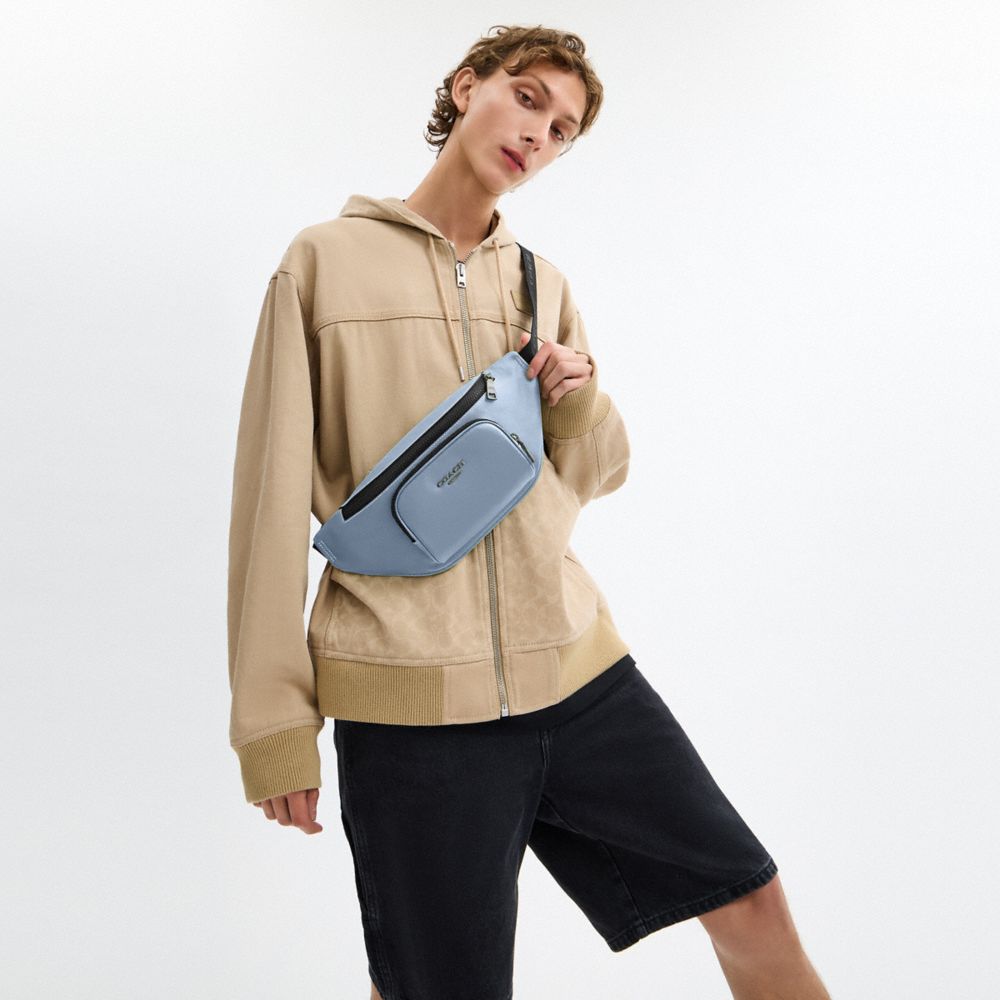 COACH®,Racer Small Belt Bag,Leather,Belt Bag,Word Embellishment,Metal,Logo,Chest Waist Strap,Adjustable,Casual,Blue,Detail View