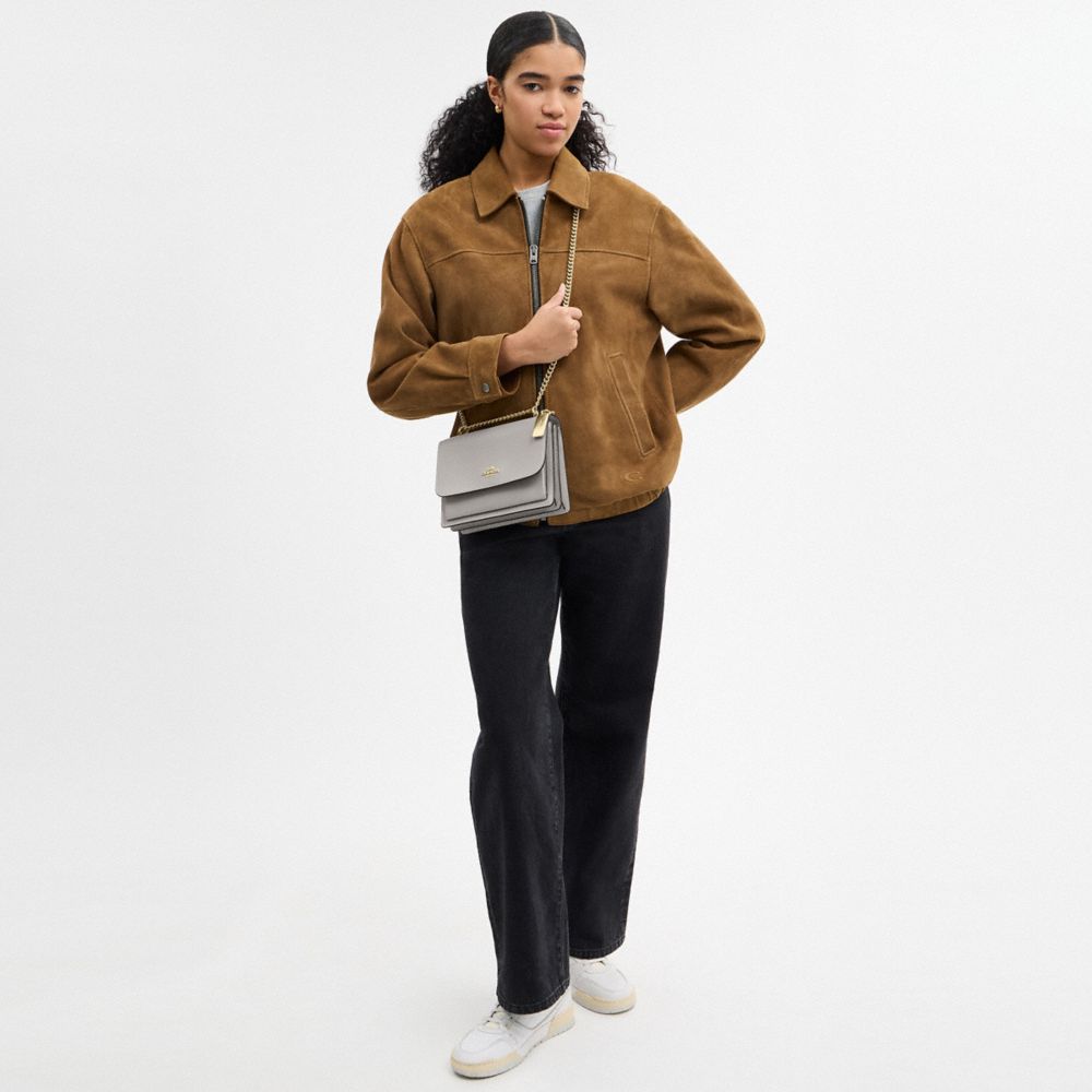 COACH®,Klare Crossbody Bag,Calfskin Leather,Leather,Crossbody,Metal,Logo,Compact,Luggage Tag,Lined,Adjustable,Gold Metal,D...,Gray