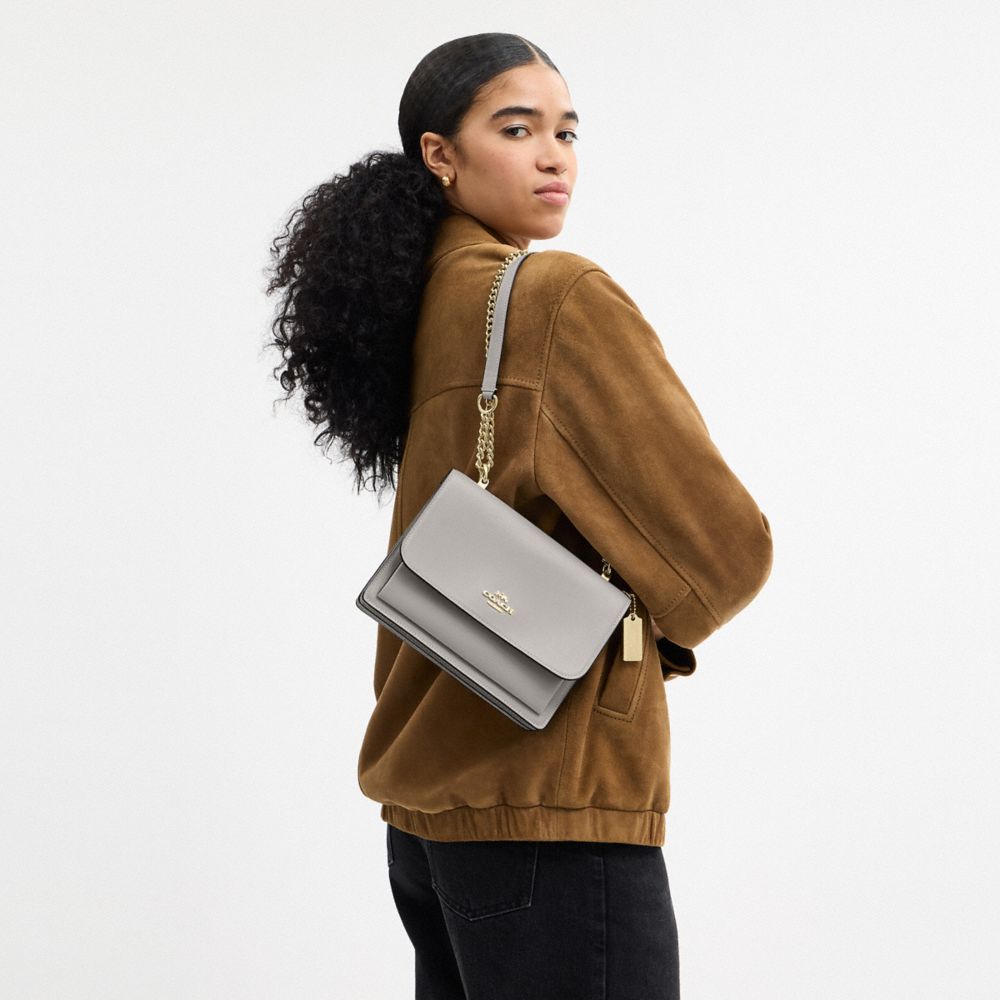 COACH®,Klare Crossbody Bag,Calfskin Leather,Leather,Crossbody,Metal,Logo,Compact,Luggage Tag,Lined,Adjustable,Gold Metal,D...,Gray,Detail View