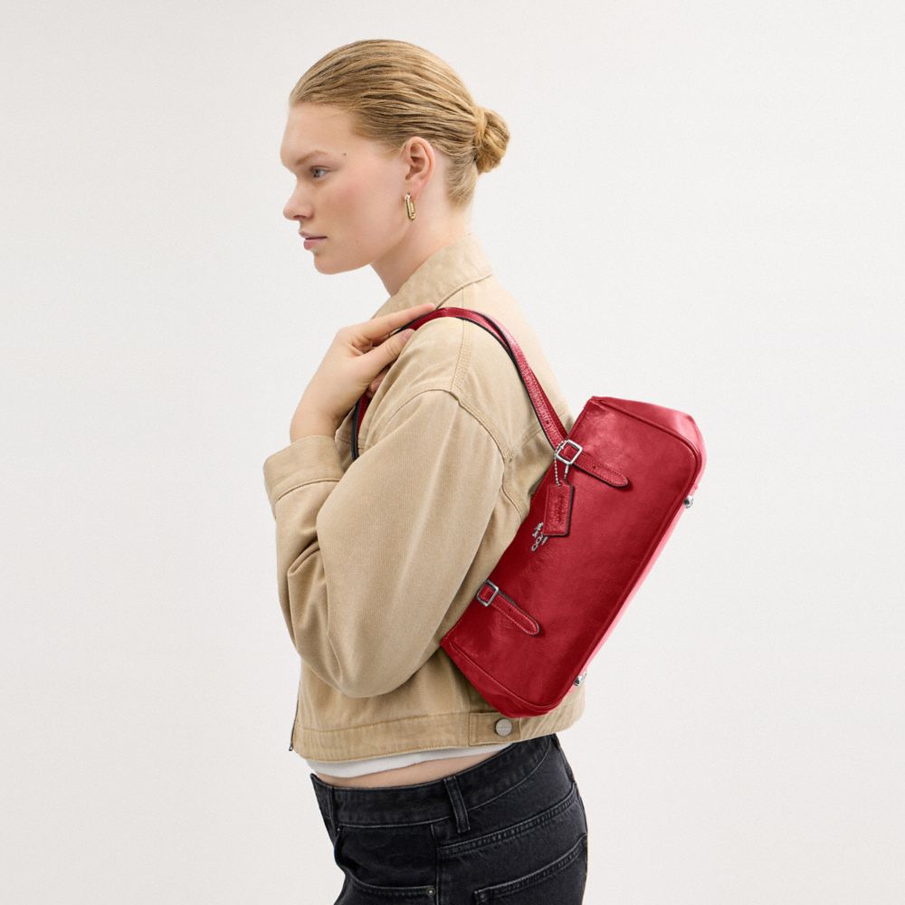 COACH®,Asher Shoulder Bag,Leather,Shoulder Bag,Logo,Metal,Key Ring,Luggage Tag,Adjustable,Lined,Compact,Silver Metal,Casual,,Detail View