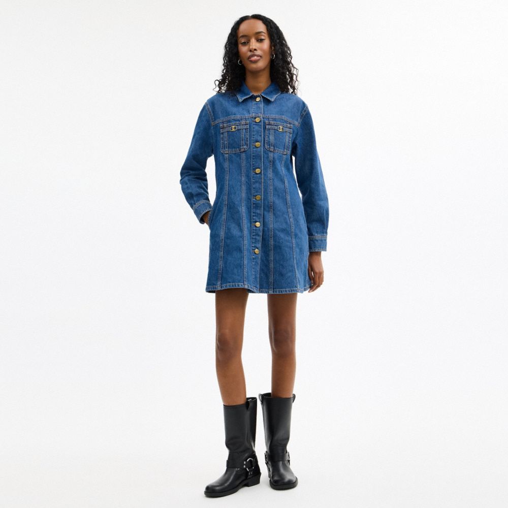 COACH®,Long Sleeve Denim Dress In Organic Cotton,,Scale View