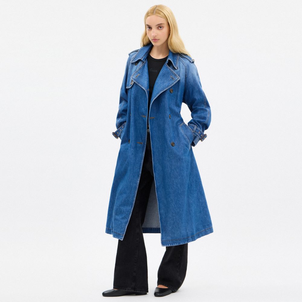 COACH®,Relaxed Denim Trench Coat In Organic Cotton,Blue,Scale View