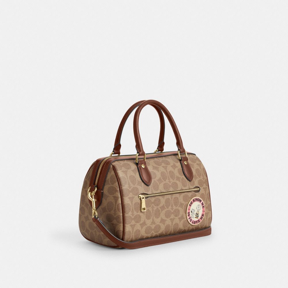 COACH®,Coach X Peanuts Rowan Satchel Bag In Signature Canvas With Patches,,Angle View