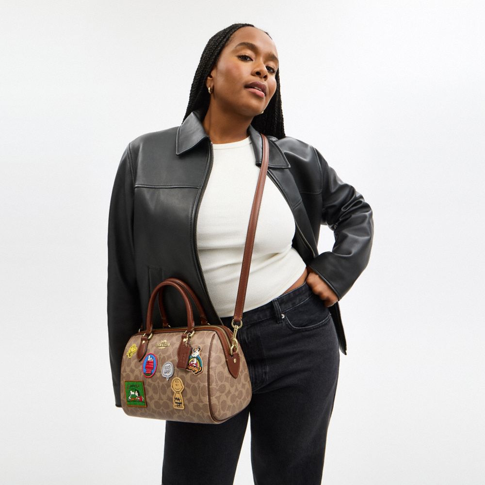COACH®,Coach X Peanuts Rowan Satchel Bag In Signature Canvas With Patches,