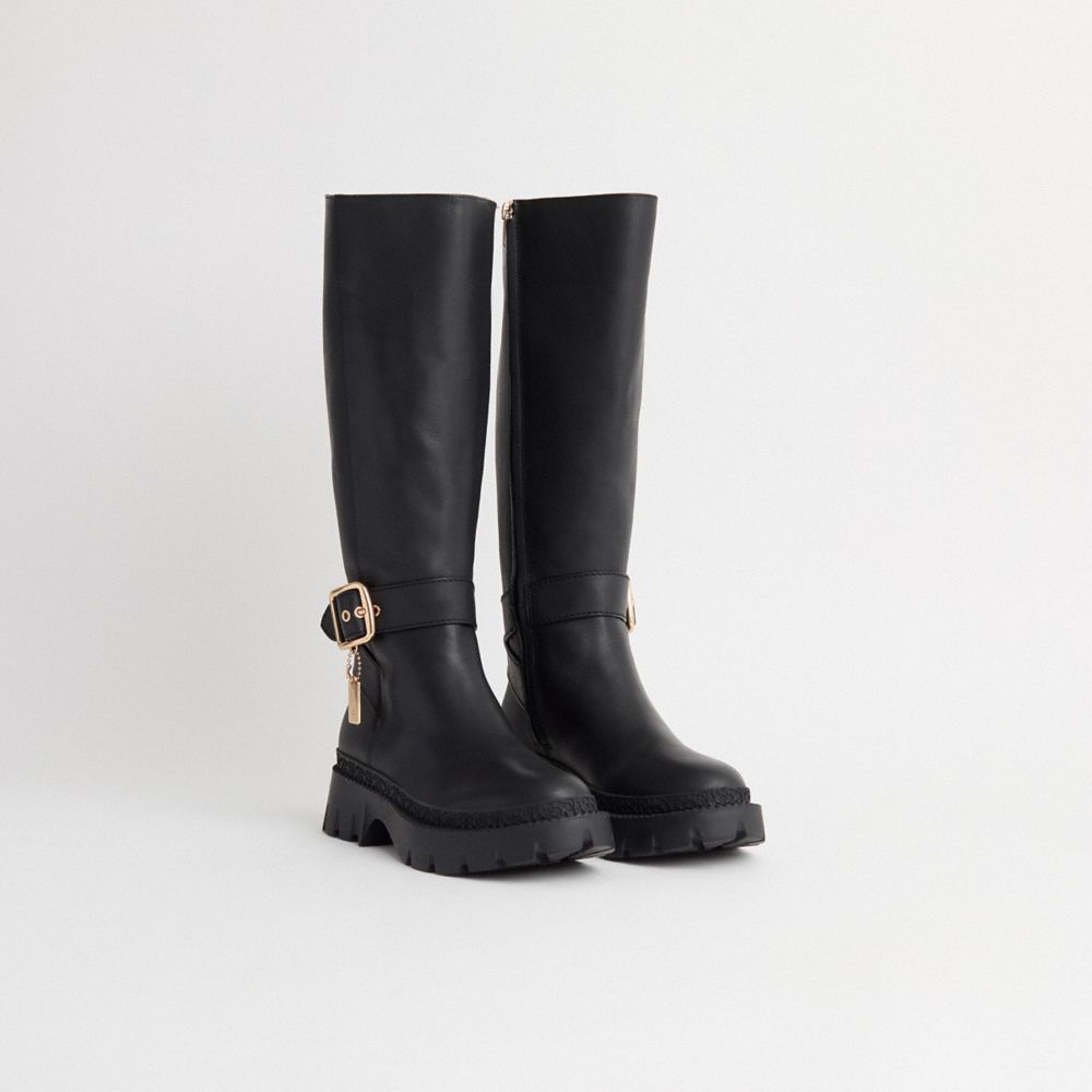 COACH®,Restored James Boot,Rubber,Leather,Boots,Foam,Logo,Metal,Pull Tab,Cushioned,Casual,Black,Angle View