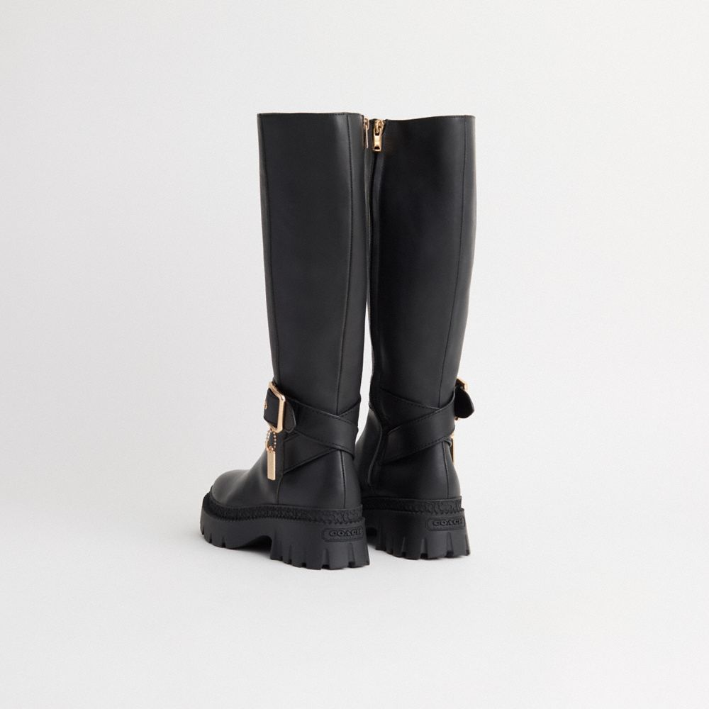 COACH®,Restored James Boot,Rubber,Leather,Boots,Foam,Logo,Metal,Pull Tab,Cushioned,Casual,Black,Back View