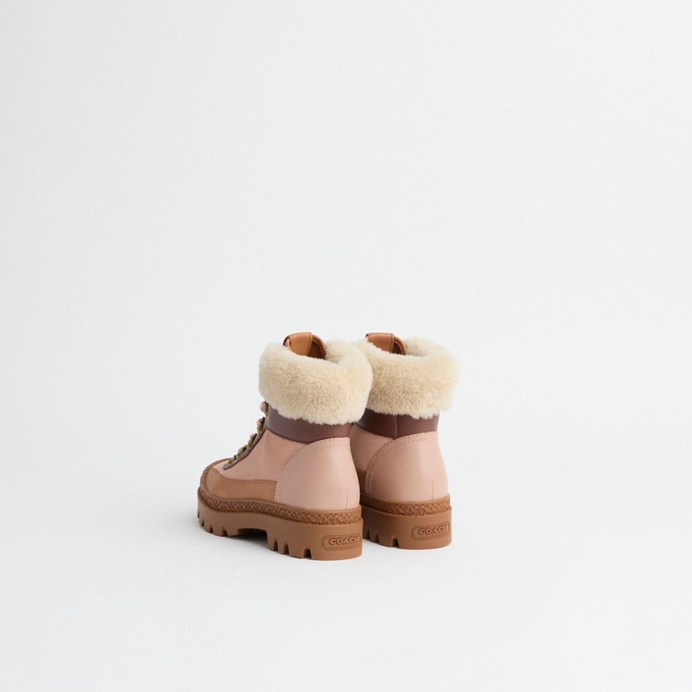 COACH®,Restored Talia Bootie,Rubber,Suede,Leather,Shearling,Winter,Bootie,Shearling,Color Block,Pull Tab,Sustainable,Tract...,Brown,Back View