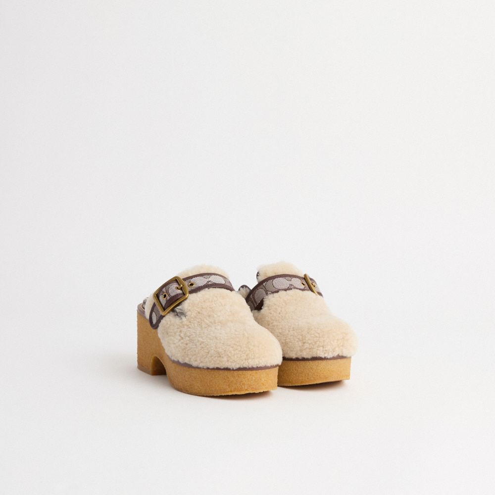 COACH®,Restored Dylan Clog,Shearling,Leather,Rubber,Clogs,Mules,Foam,Sustainable,Cushioned,Memory Foam Insole,Day Party,Cream,Angle View