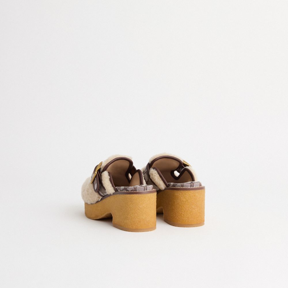 COACH®,Restored Dylan Clog,Shearling,Leather,Rubber,Clogs,Mules,Foam,Sustainable,Cushioned,Memory Foam Insole,Day Party,Cream,Back View