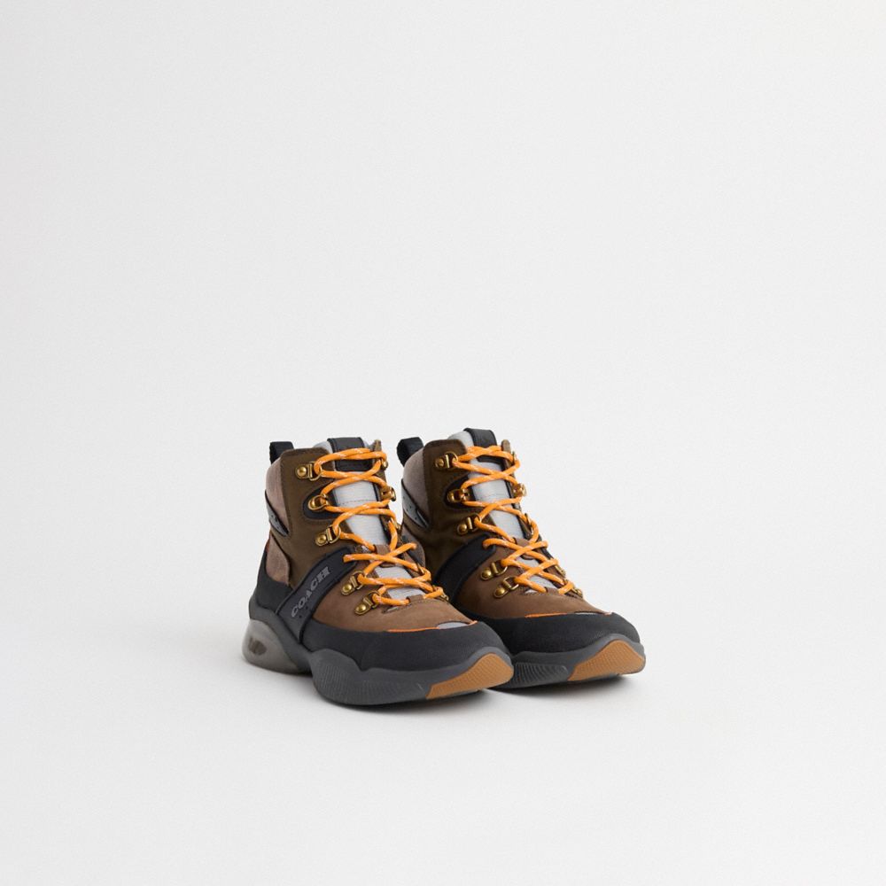 COACH®,Restored Citysole Hiker Boot,Rubber,Leather,Canvas,Hiking,Perforated,Mixed Media,Color Block,Cushioned,Traction,Ank...,Brown,Angle View