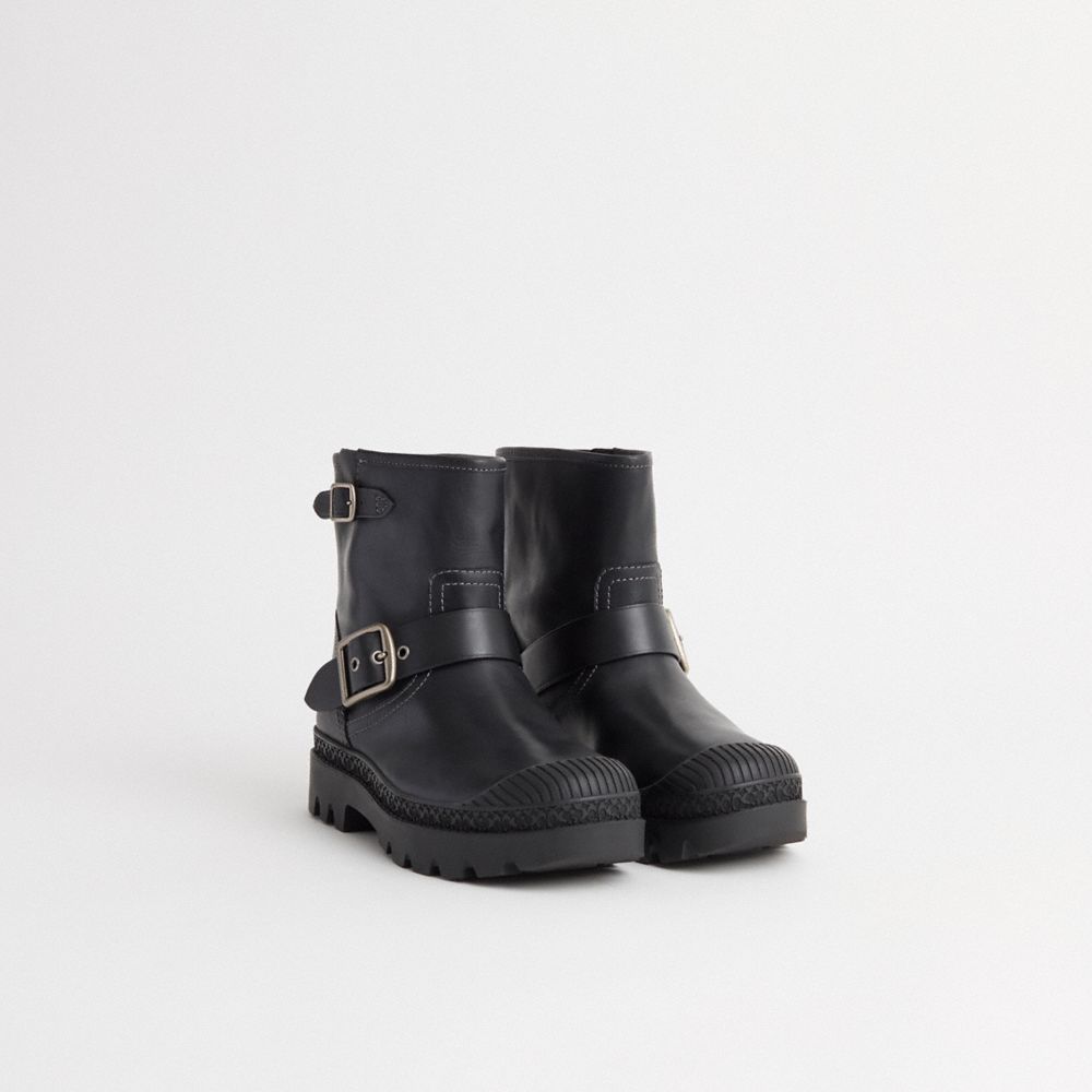 COACH®,Restored Trooper Moto Boot,Rubber,Leather,Moto,Boots,Pull Tab,Sustainable,Casual,Outdoor,Black,Angle View