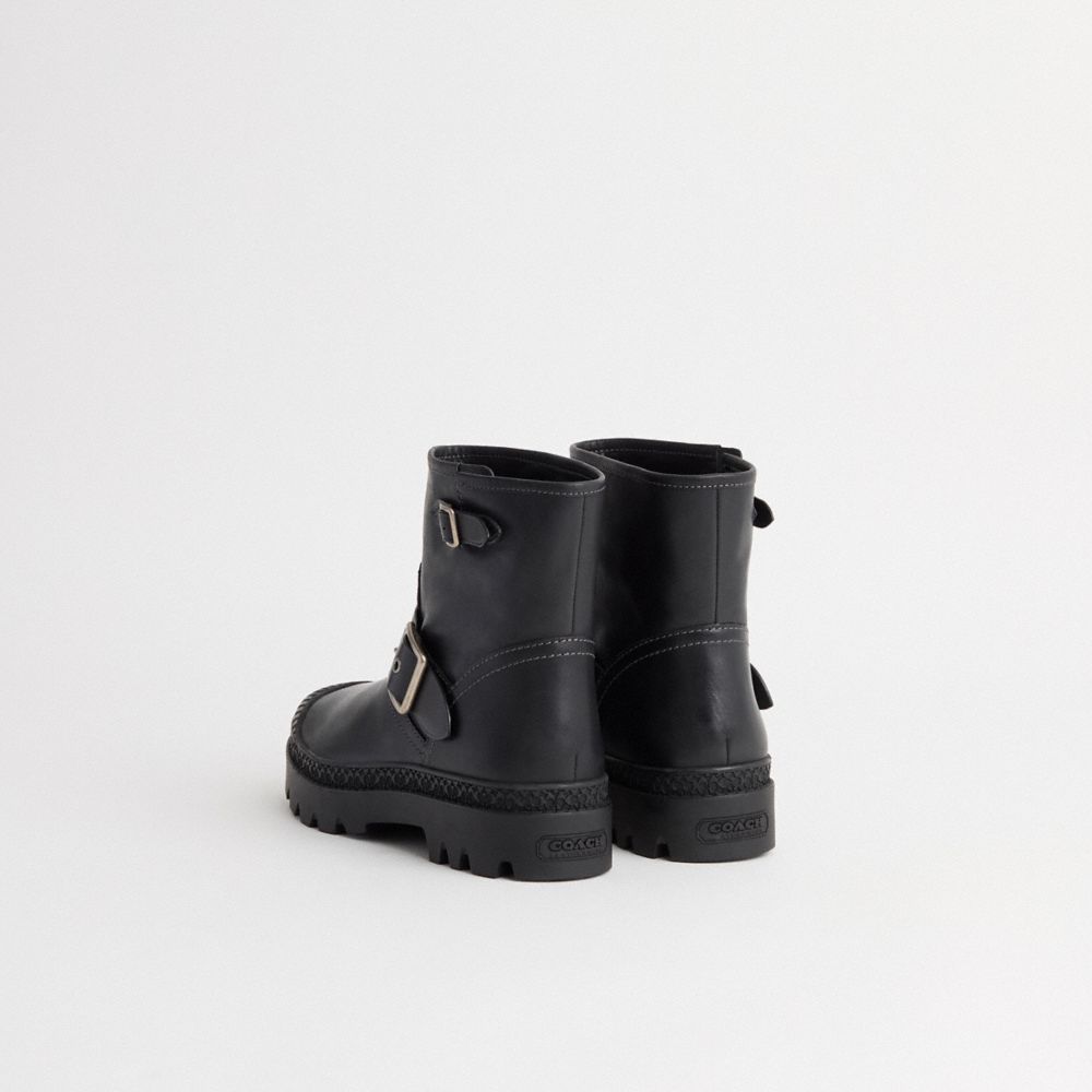 COACH®,Restored Trooper Moto Boot,Rubber,Leather,Moto,Boots,Pull Tab,Sustainable,Casual,Outdoor,Black,Back View
