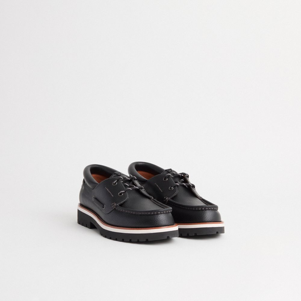 COACH®,Restored Benson Boat Shoe,Leather,Rubber,Boat Shoes,Logo,Lace Up,Casual,Black,Angle View