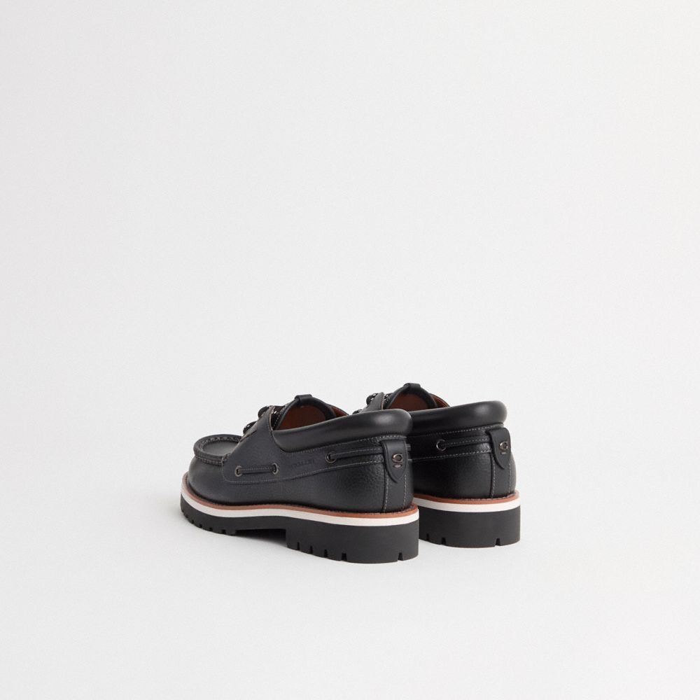 COACH®,Restored Benson Boat Shoe,Leather,Rubber,Boat Shoes,Logo,Lace Up,Casual,Black,Back View