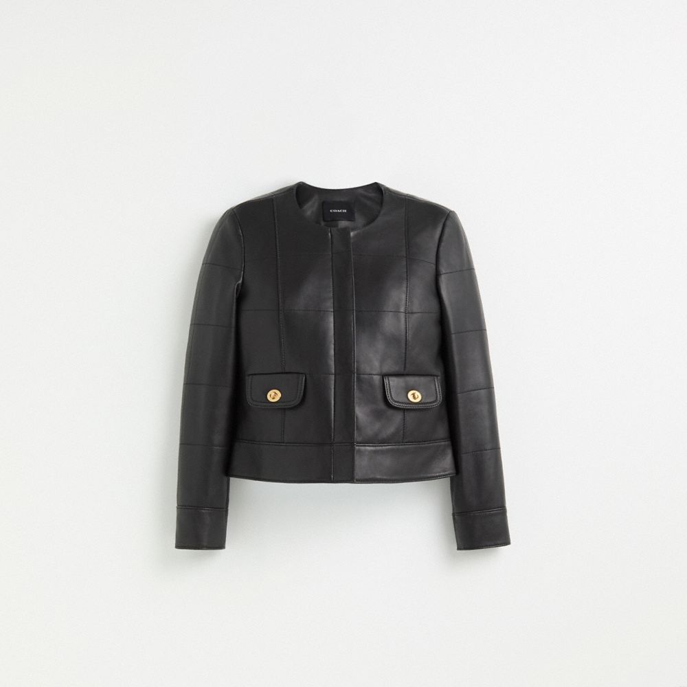 COACH®,Restored Quilted Feminine Jacket,Lambskin,Polyester,Leather,Jacket,Sustainable,Day Party,Black,Front View