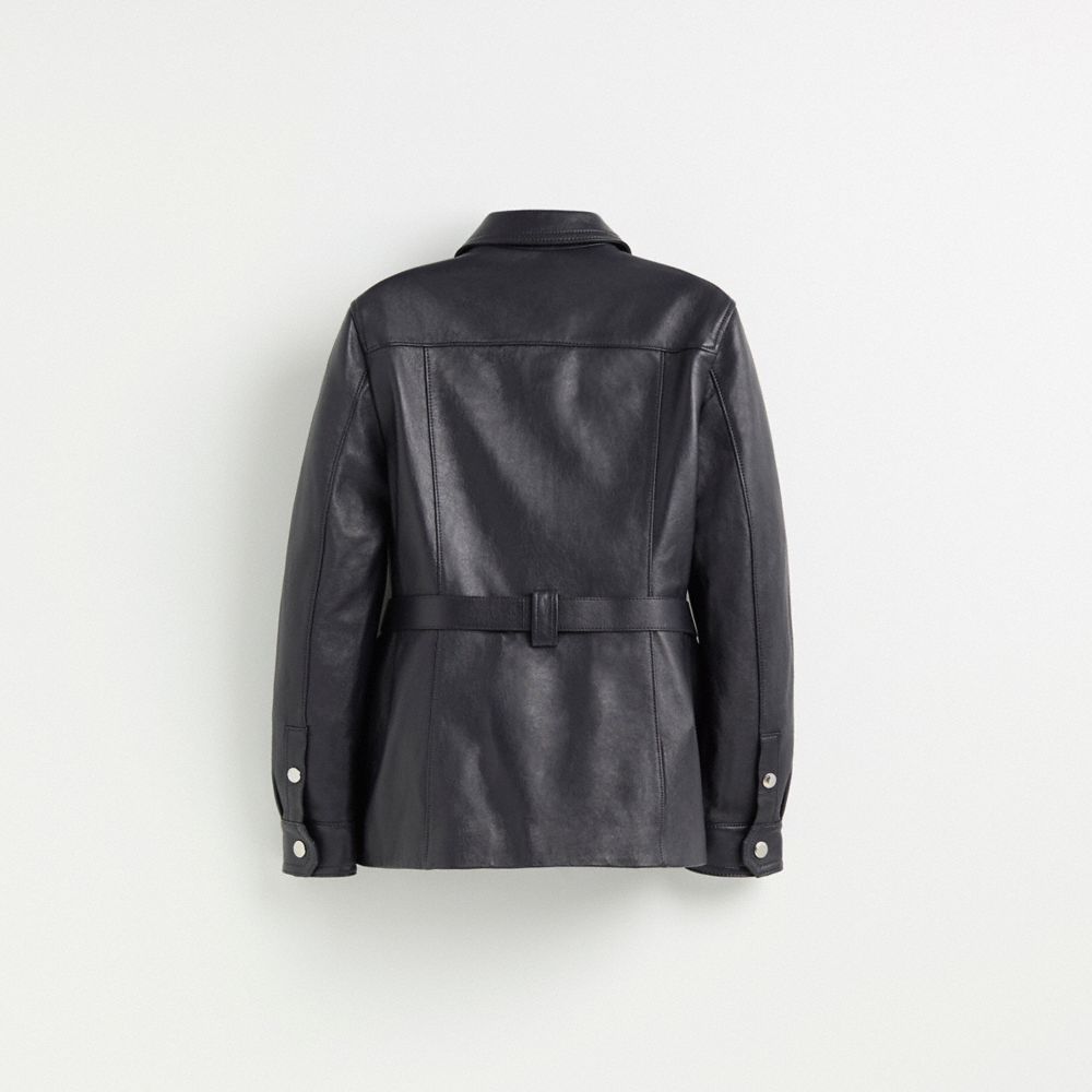 COACH®,Restored Leather Belted Heritage Jacket,Polyester,Lambskin,Jacket,Leather,Day Party,Black,Back View
