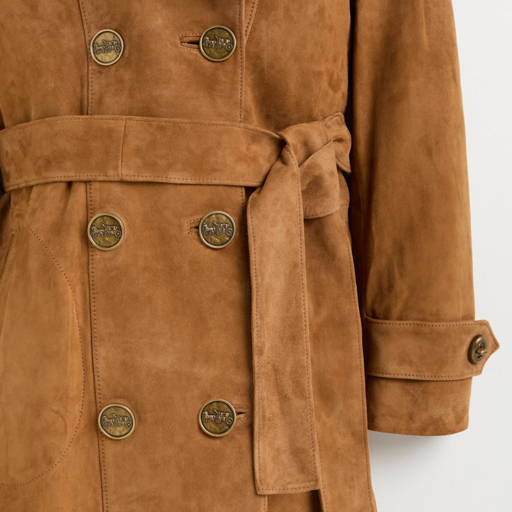 COACH®,Restored Suede Trench Coat,Suede,Trench,Button,Tie Belt,Work,Brown,Scale View