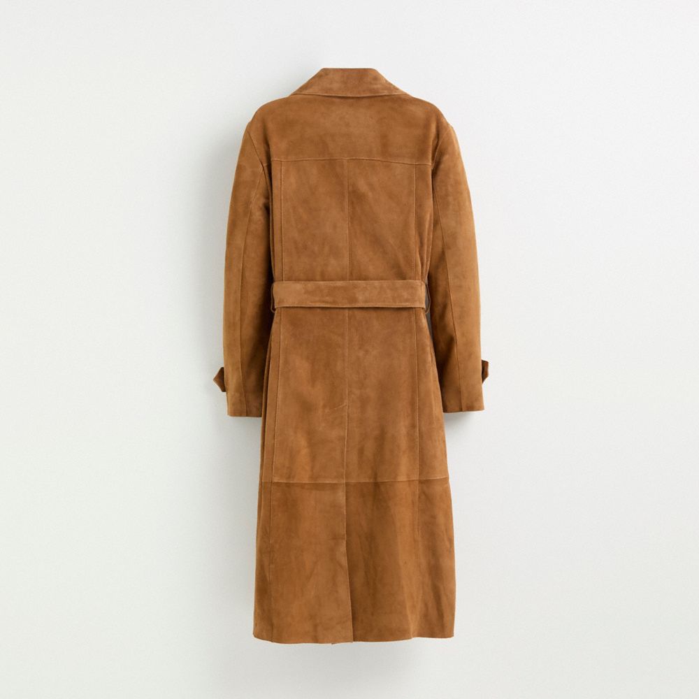 COACH®,Restored Suede Trench Coat,Suede,Trench,Button,Tie Belt,Work,Brown,Back View