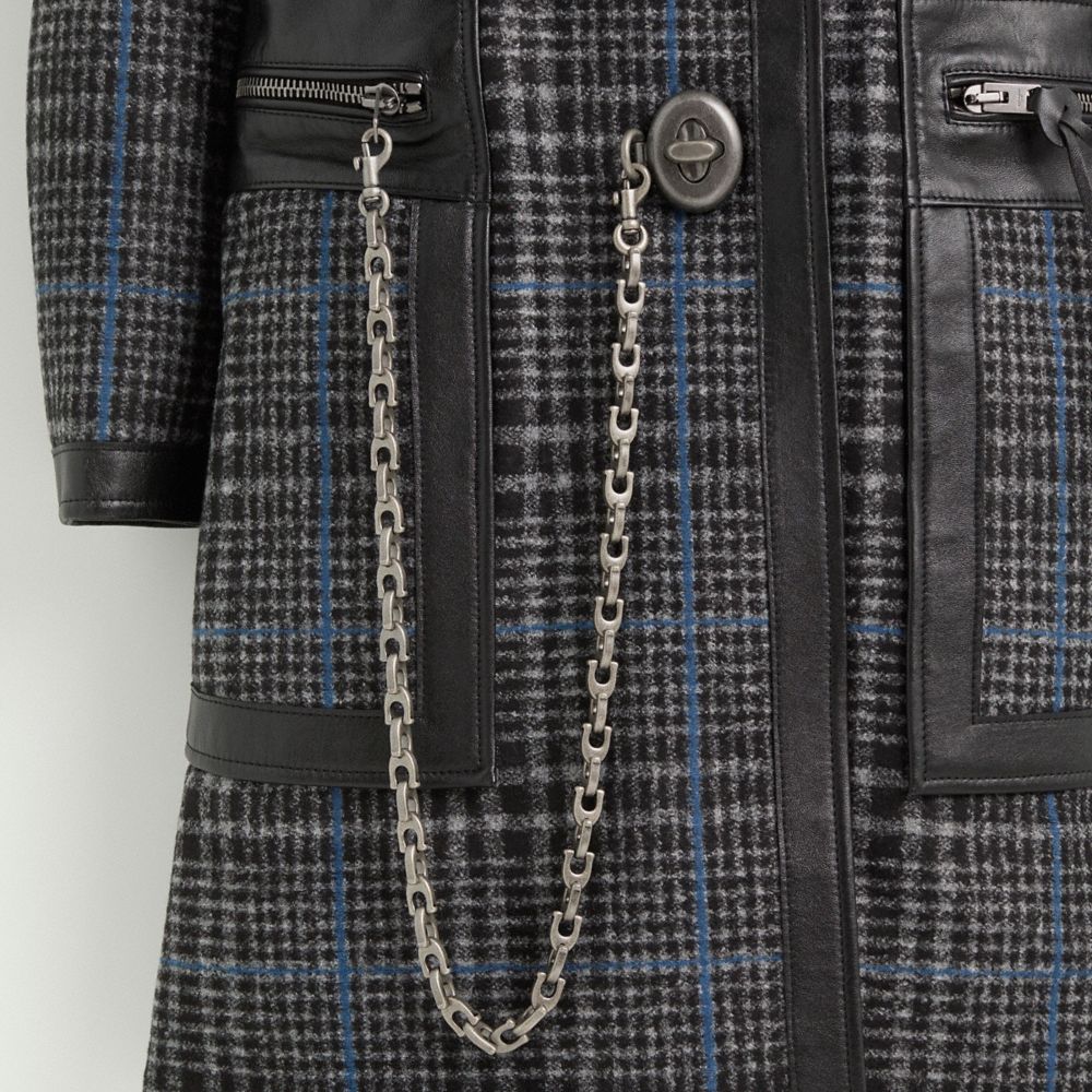 COACH®,Restored Tailored Wool Coat With Leather Detail,Wool,Polyester,Acrylic,Top Coat,Overcoat,Chain Detail,Sustainable,Work,Gray,Scale View