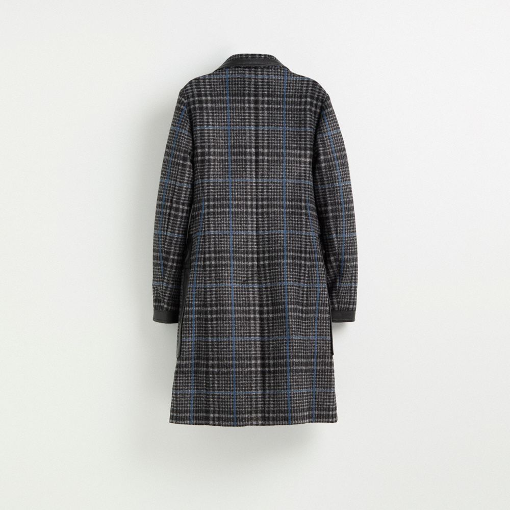 COACH®,Restored Tailored Wool Coat With Leather Detail,Wool,Polyester,Acrylic,Top Coat,Overcoat,Chain Detail,Sustainable,Work,Gray,Back View