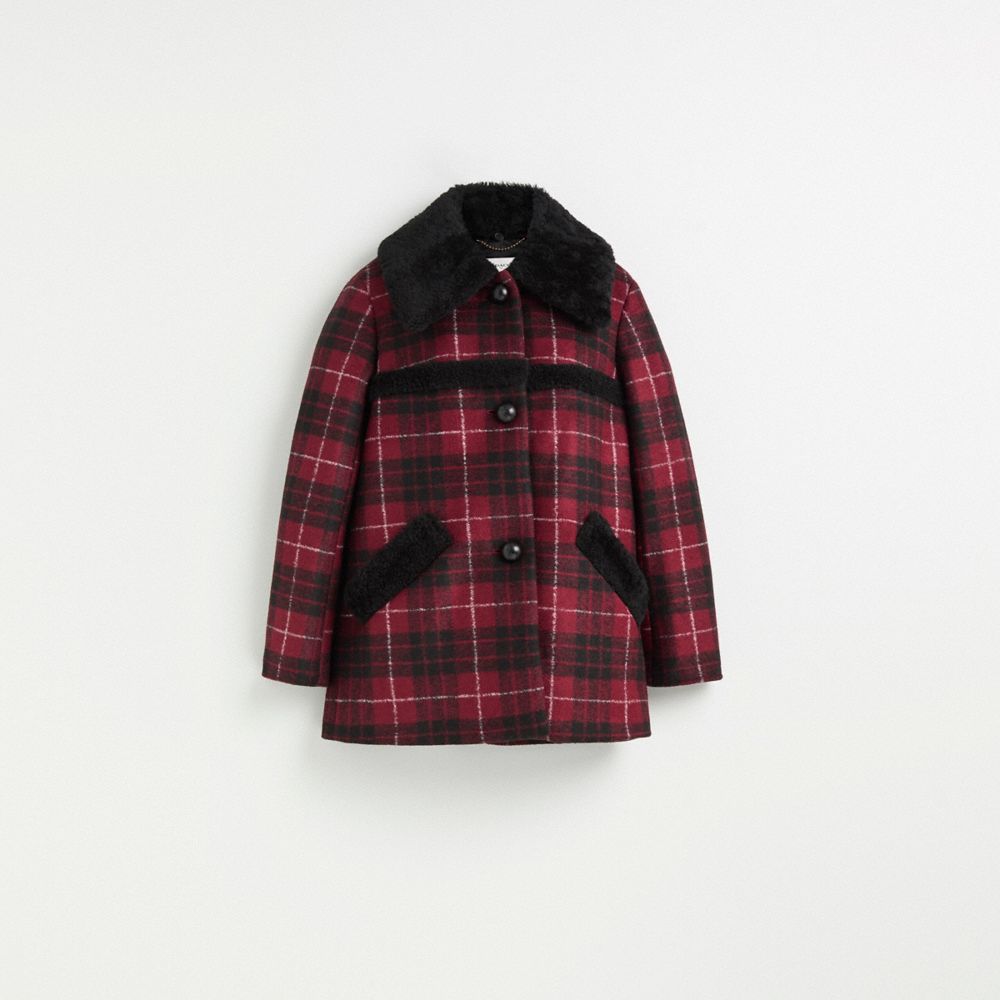 Coach Restored Plaid Wool Coat With Shearling Trim In Red/black