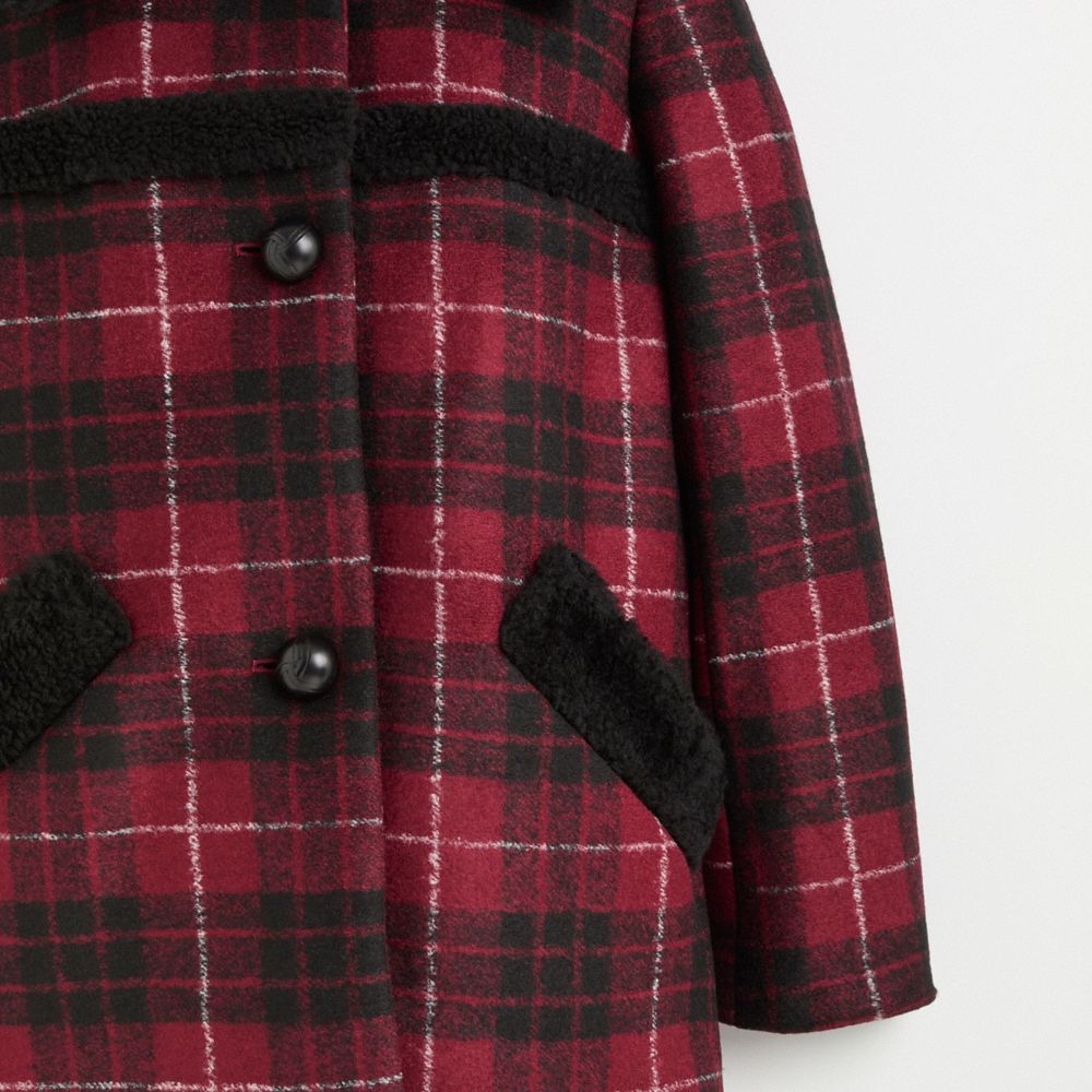 Coach Restored Plaid Wool Coat With Shearling Trim In Red/black