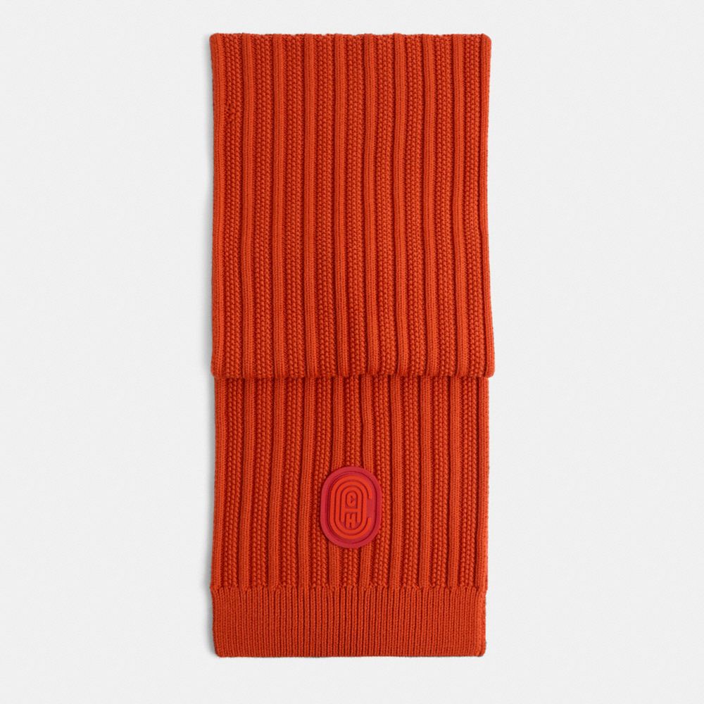 COACH®,Restored Double Signature Retro Patch Knit Scarf,Wool,Rectangle,Applique,Logo,Ribbed,Casual,,Front View