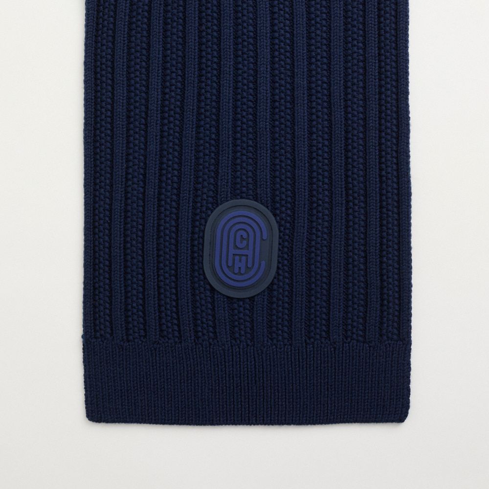 COACH®,Restored Double Signature Retro Patch Knit Scarf,Wool,Rectangle,Applique,Logo,Ribbed,Casual,Navy,Closer View
