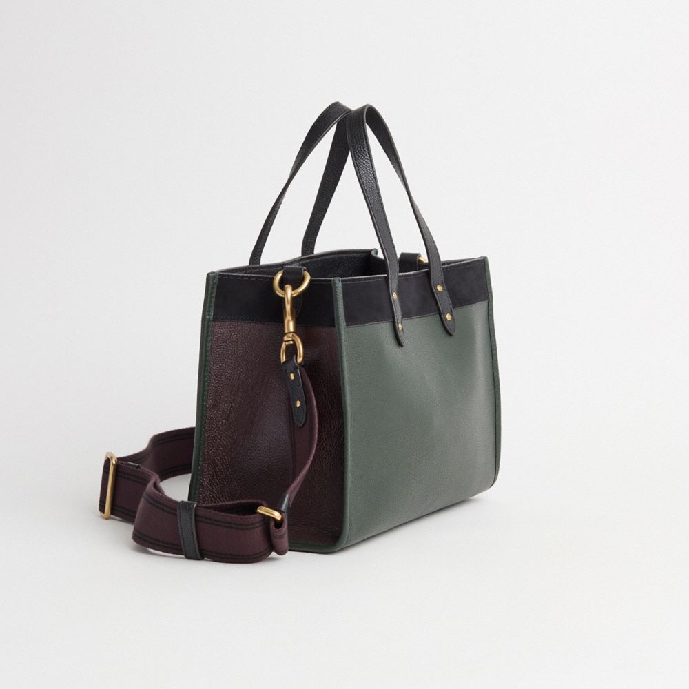 COACH®,Restored Field Tote 30 In Colorblock With Coach Badge,Leather,Tote,Sustainable,Brass,Casual,Emerald,Angle View