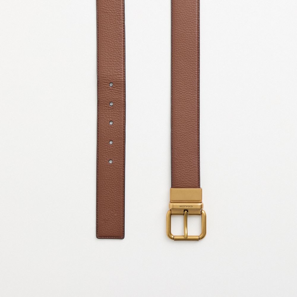 COACH®,Restored Square Roller Buckle Cut To Size Reversible Belt, 38 Mm,Standard,Reversible,Brass Gold,Work,Brown,Closer View
