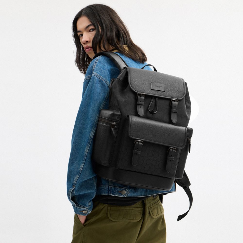 COACH®,Sprint Backpack In Signature Jacquard,Calfskin Leather,Canvas,Backpack,Adjustable,Casual,Black,Detail View