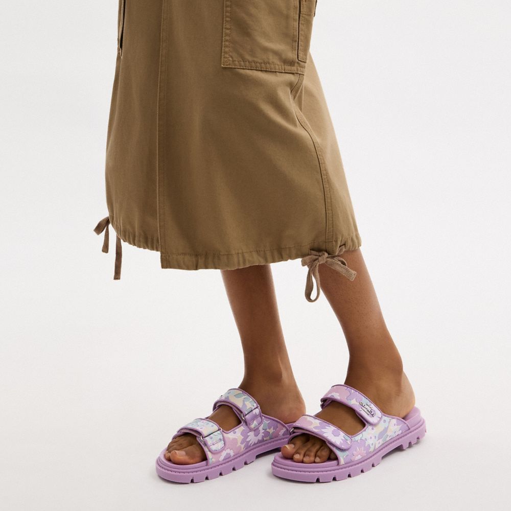 COACH®,Two Band Sport Slide With Floral Print,Rubber,Slides,Cut Out,Logo,Metal,Pull Tab,Casual,Lavender,Detail View