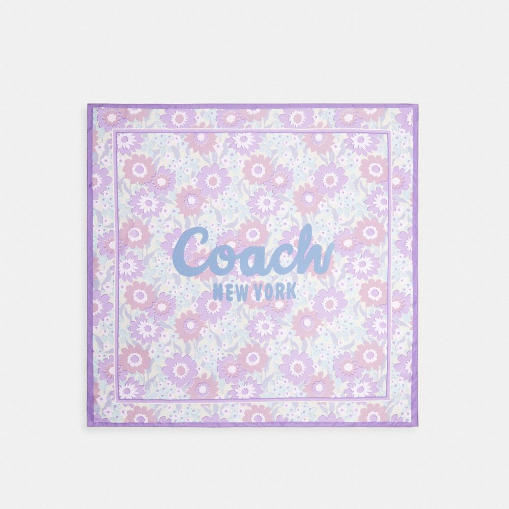 Coach Script Floral Print Silk Square Scarf In Purple
