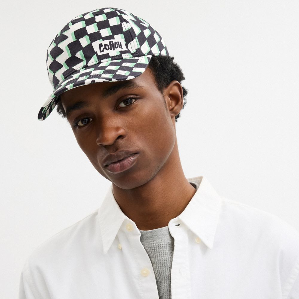 COACH®,Surfer Geo Check Print Baseball Hat,,Angle View