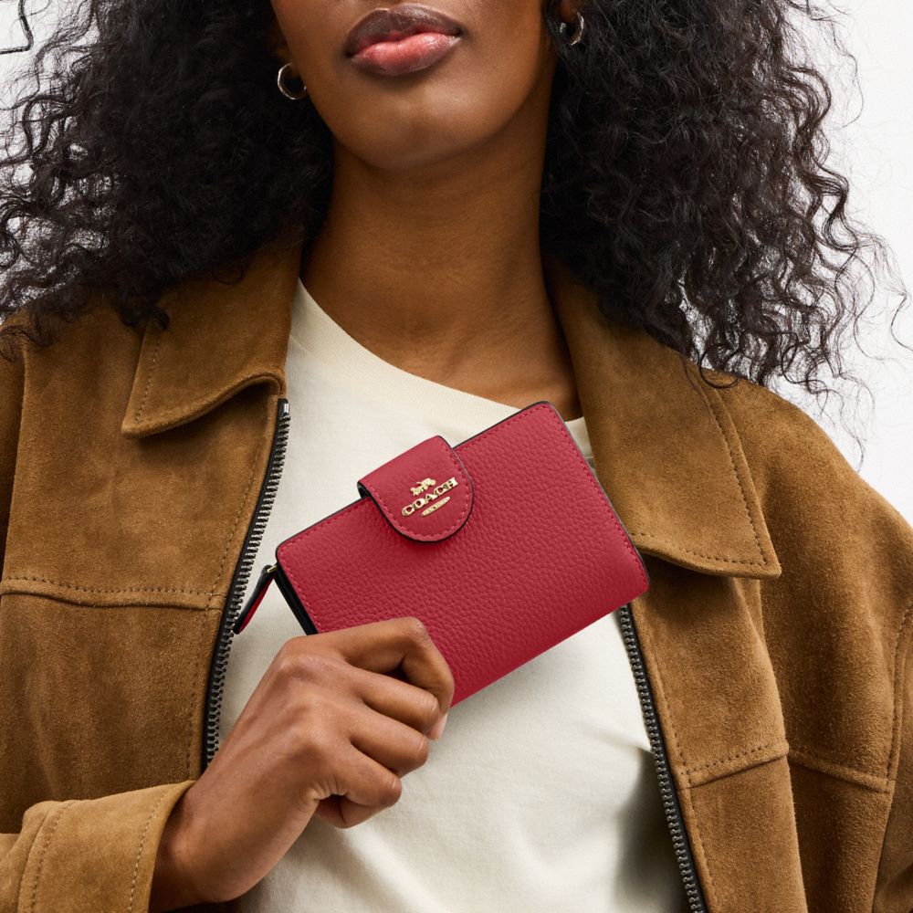 COACH®,Medium Corner Zip Wallet,Leather,Bi Fold,Metal,Logo,Travel,Maroon,Detail View
