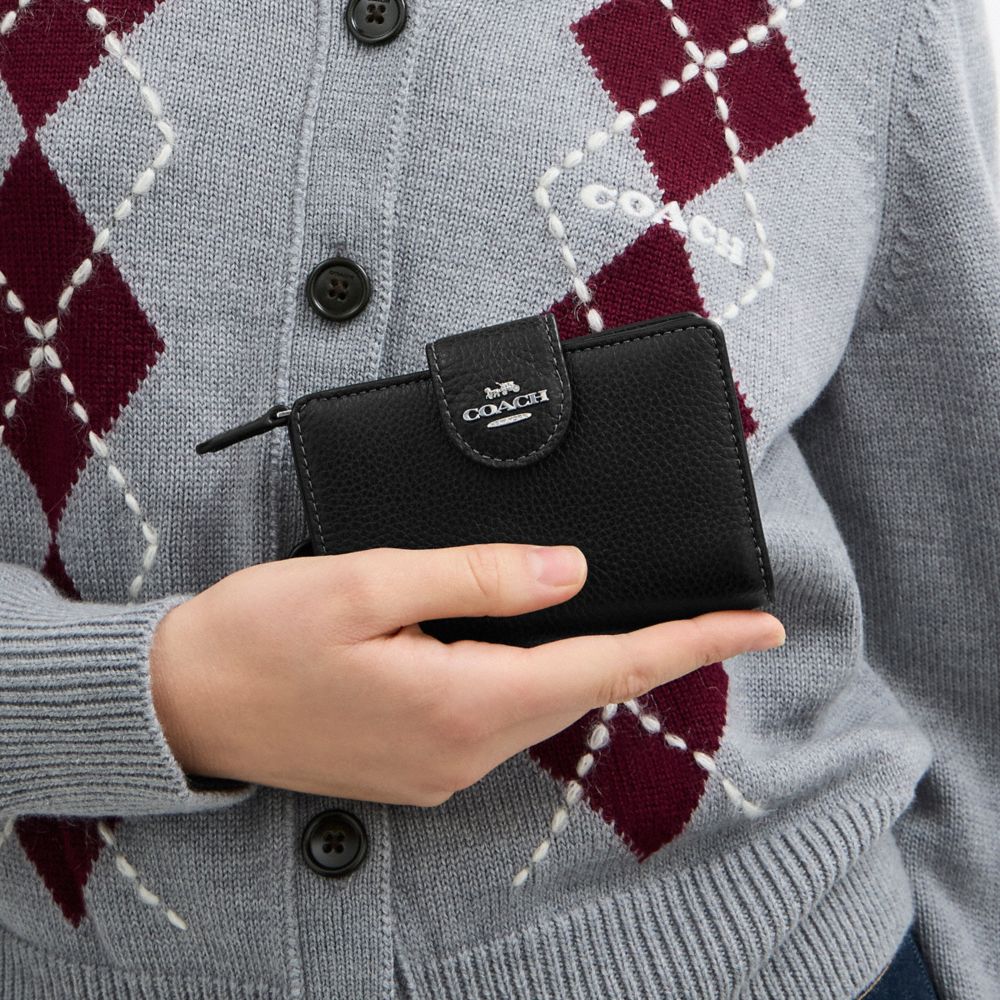 COACH®,Medium Corner Zip Wallet,Leather,Bi Fold,Metal,Logo,Travel,Black,Detail View