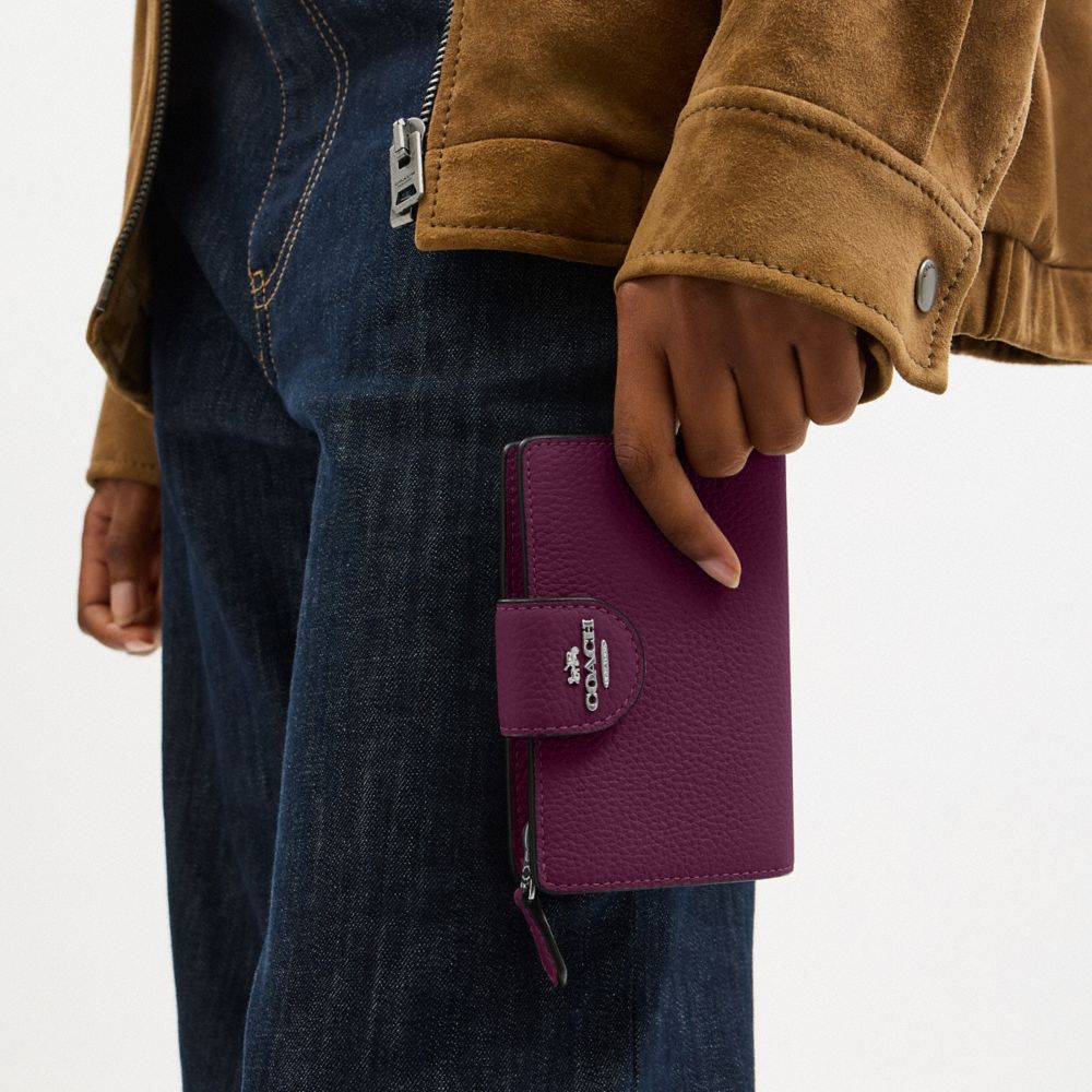 COACH®,Medium Corner Zip Wallet,Leather,Bi Fold,Metal,Logo,Travel,Maroon,Detail View