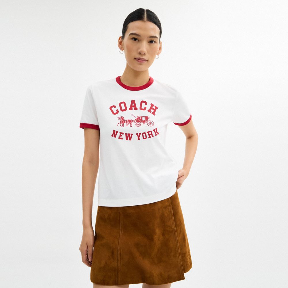Coach Horse And Carriage Ringer T-shirt In Organic Cotton In White