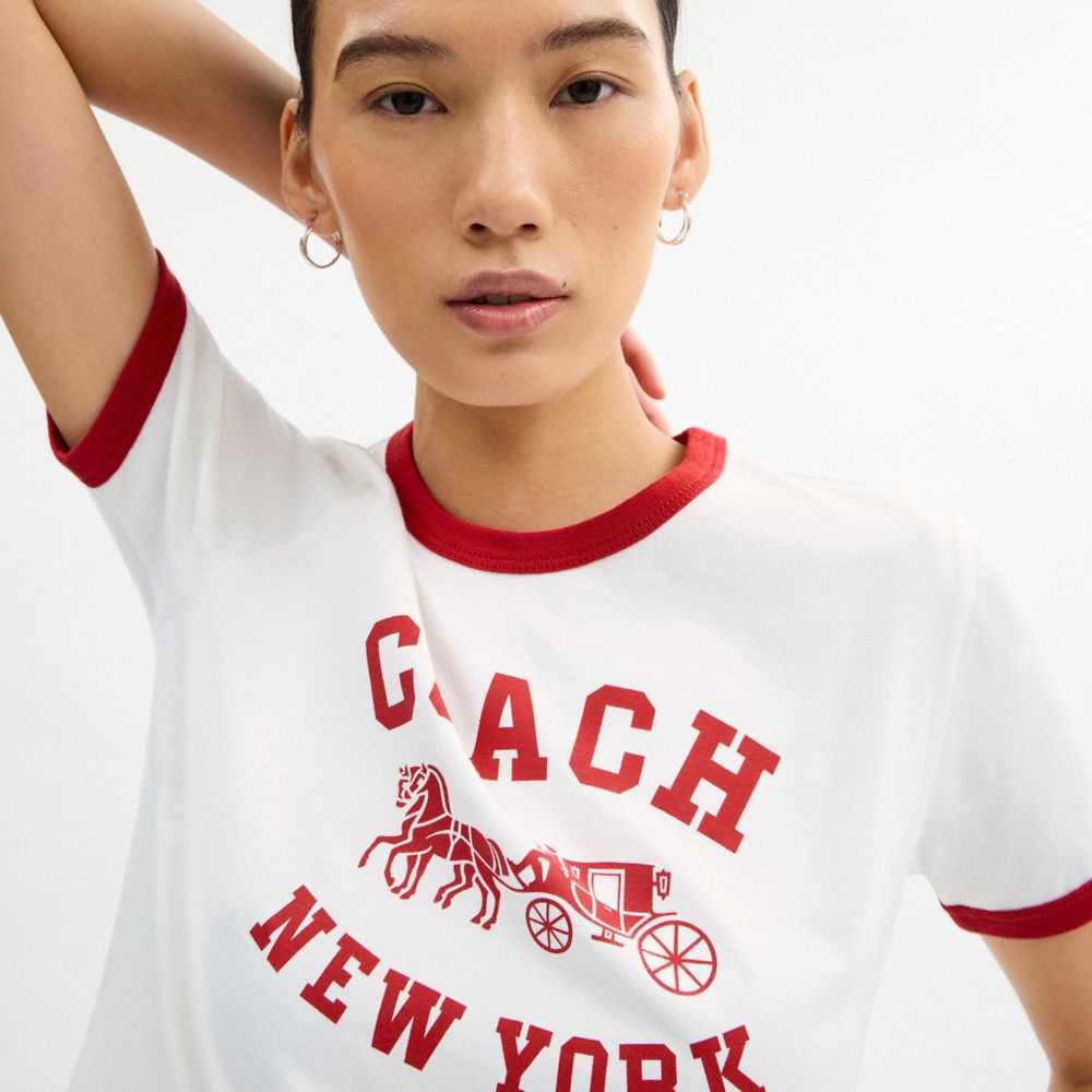 Coach Horse And Carriage Ringer T-shirt In Organic Cotton In White