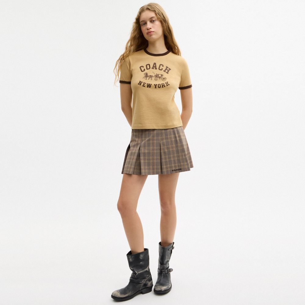 COACH®,Horse And Carriage Ringer T-Shirt In Organic Cotton,Organic Cotton,T Shirt,Piping,Logo,Sustainable,Eco-Friendly,Casual,Beige,Scale View