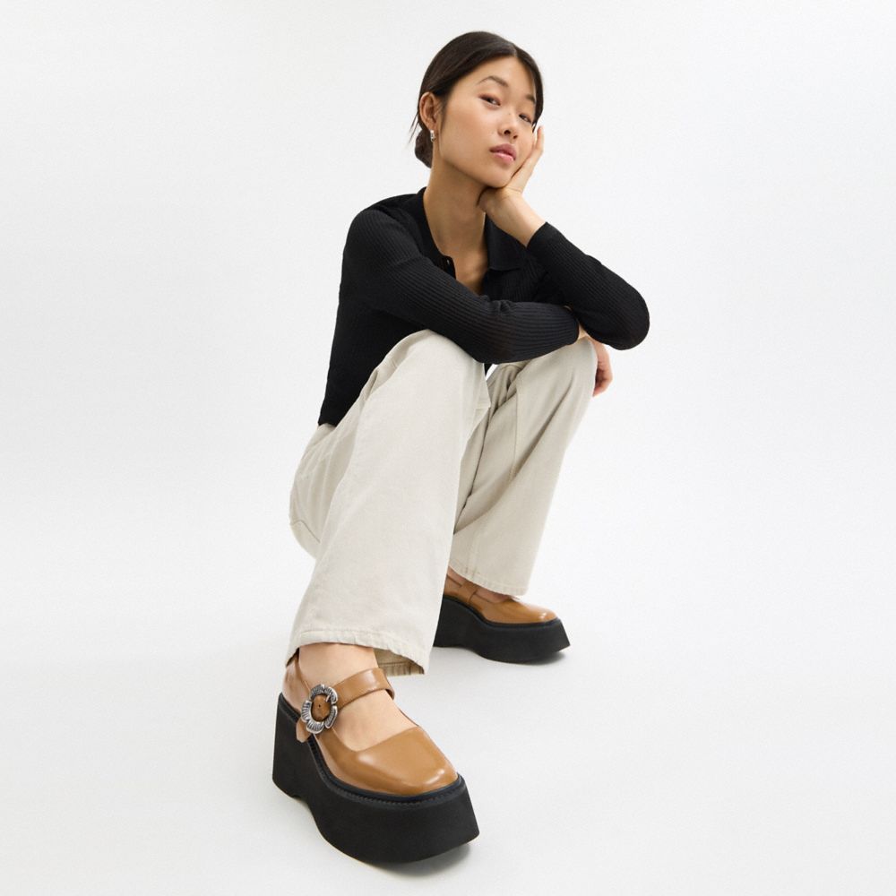 COACH®,Tea Rose Platform Mary Jane,Lining Leather,Rubber,Leather,Pumps,Padded Insole,Cushioned,Day Party,Brown,Detail View